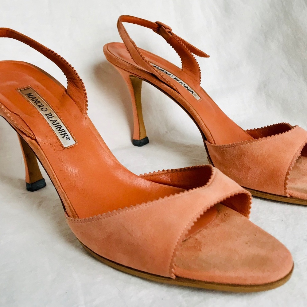Manolo Blahnik Peach Suede Sling HIGH Kitten Mule